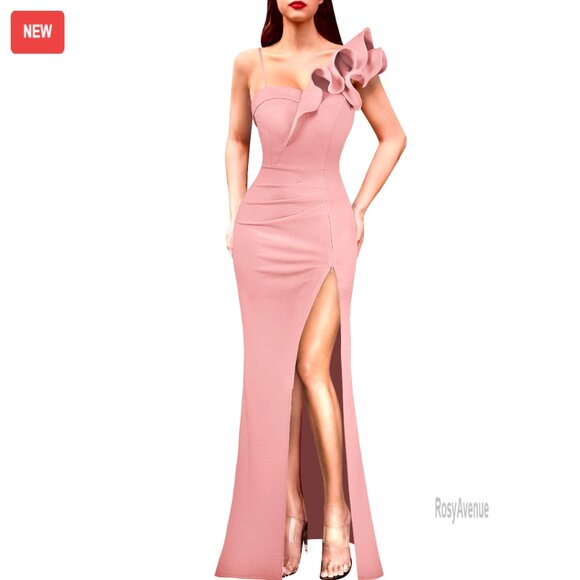 One Shoulder Ruffle Ruched Formal Maxi Dress V Neck Split Evening Gown